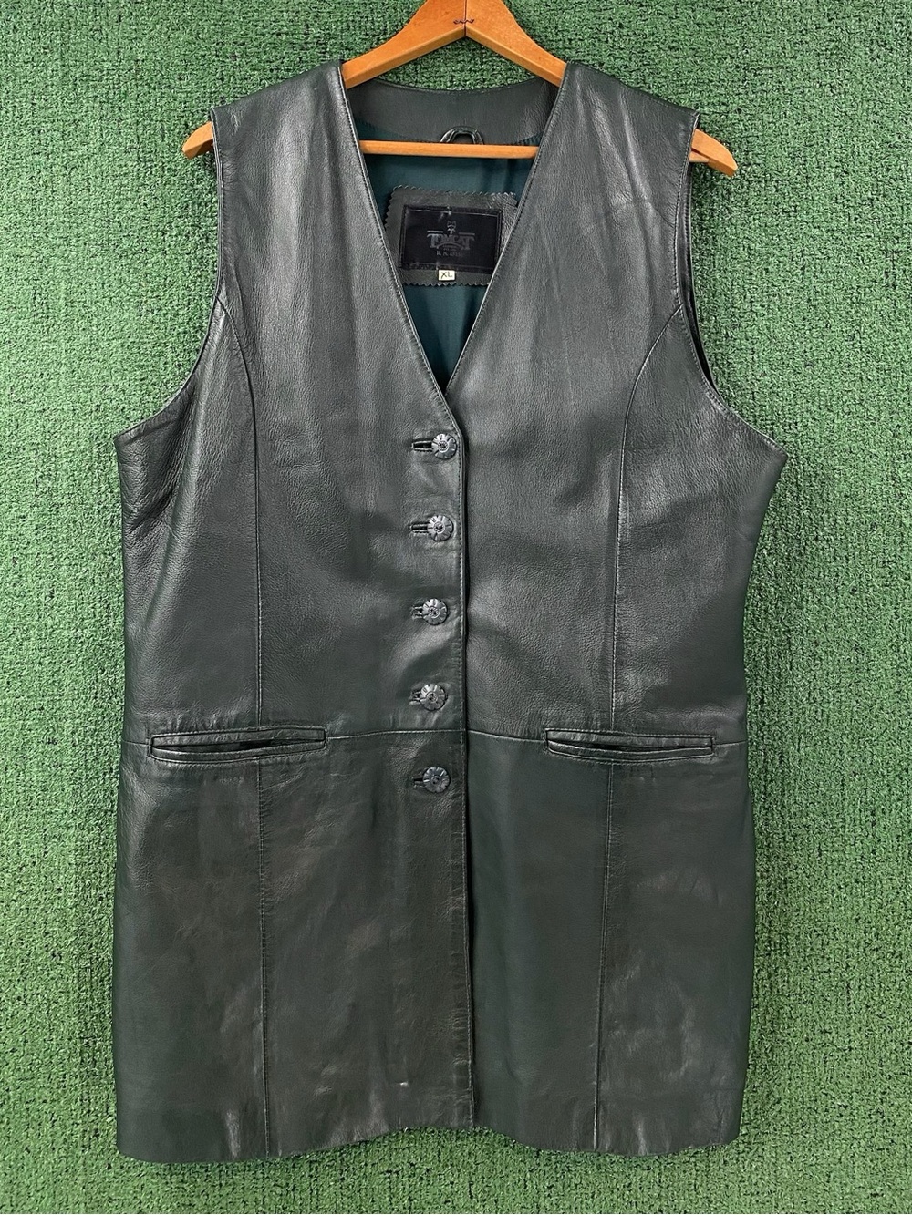Vintage 90’s Forest Green Long Button Front Leather Vest Women’s Size Large
